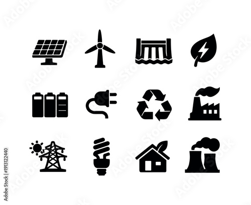 green energy solutions. Solid icon set of green energy solutions: solar panel, wind turbine, hydro power dam, leaf energy, battery storage,