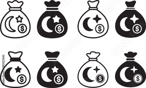 Vector icon set of isolated money bags with crescent moon, star, and dollar sign symbols in black outline and solid fill styles.