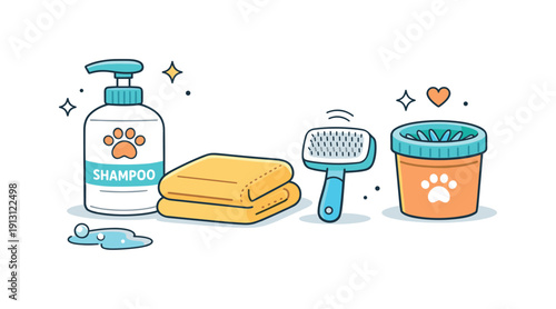 Pet hygiene and cleanliness. Neatly arranged pet care items like shampoo, brush, towel, and paw cleaner. A clean and informative composition