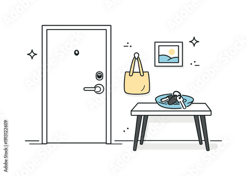 Home security habit. A simple hallway scene with a locked front door and keys placed neatly nearby. Editorial stillness expressing safety and