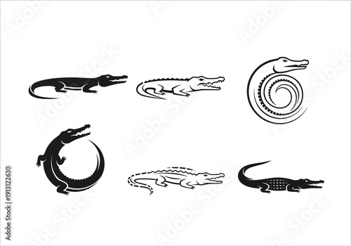 Set of stylized alligator and crocodile icons.