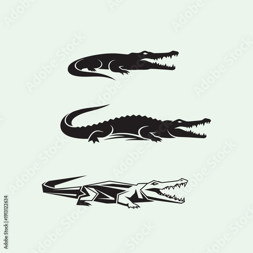 Set of Three Alligator and Crocodile Silhouettes.