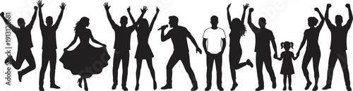 Diverse people celebration silhouette set, jumping dancing family singer isolated black vector illustration