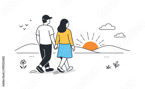 Sunrise Companionship. Sunrise walk for two. A couple strolling gently as the sun rises behind distant hills, slow movement and quiet connection. Clean