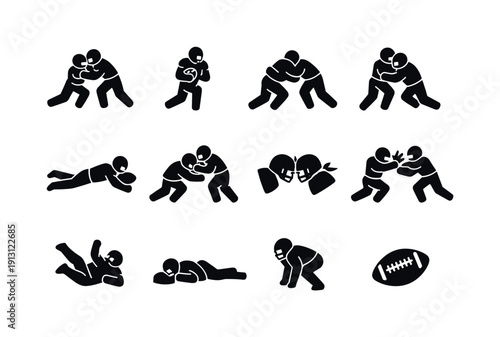 Football Tackle. Solid icon set of Football Tackle: defender tackle, ball carrier, shoulder hit, wrap tackle, diving tackle, open field