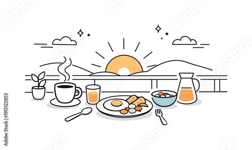 Sunrise breakfasts outdoors. Early morning scene with breakfast on a terrace, warm sunlight just appearing over the horizon. Simple dishes,