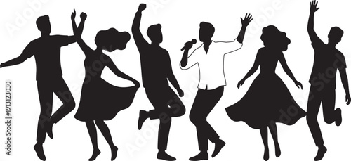 Energetic dancing people silhouette set, singer and party crowd isolated black vector illustration