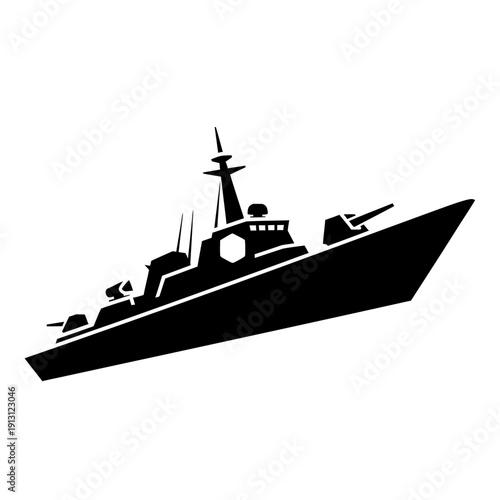 Silhouette of a Modern Warship with Cannons.