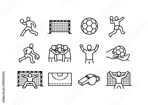    Handball. Line icon set of Handball: handball player, handball goal, handball ball, jump shot, dribbling handball, team huddle,