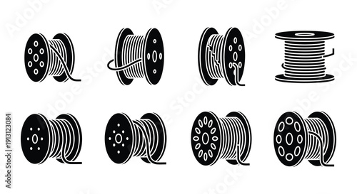 Collection of black and white cable spool and wire reel icons