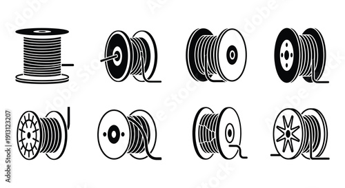 Collection of black and white cable spool and wire reel icons
