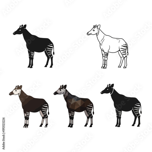 Set of Okapi Illustrations in Various Styles.