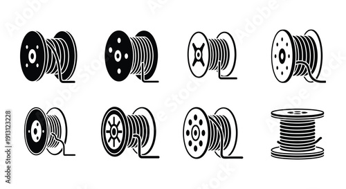 Collection of black and white cable spool and wire reel icons