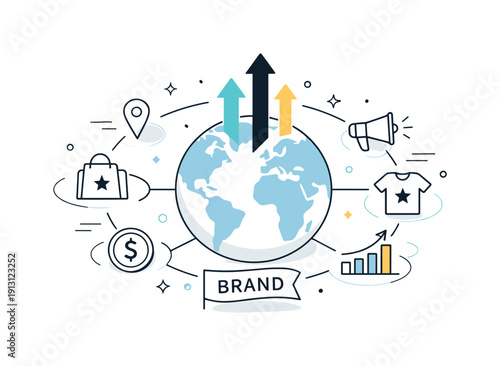 Global expansion concept. Abstract visualization of a brand growing worldwide, balanced optimism and clarity. Globe, upward arrows, and brand