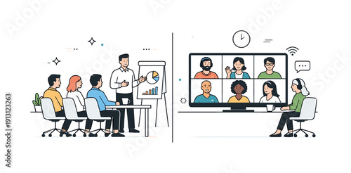 Balanced hybrid meeting. A wide view showing equal space for in-person attendees and remote participants on screens. The scene communicates