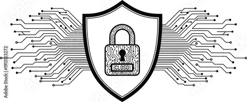 Black and white outline vector of shield with digital lock and circuit lines, cyber security and data protection concept on white back ground 