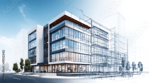 Modern architectural office building with drawing overlay and trees daylight scene