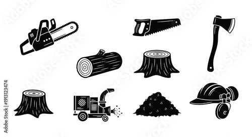 Forestry tools and wood elements in a black and white illustration