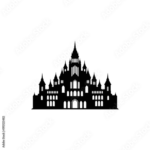 Silhouette of a grand gothic castle with many towers and windows.