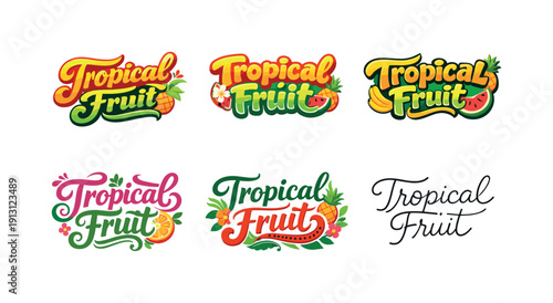 Tropical Lettering Styles. Tropical fruit lettering. Set lettering. harmonious lettering variations of the same emblematic concept, each with different