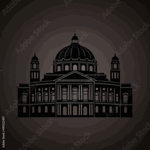 Silhouette of a grand neoclassical building with a dome.