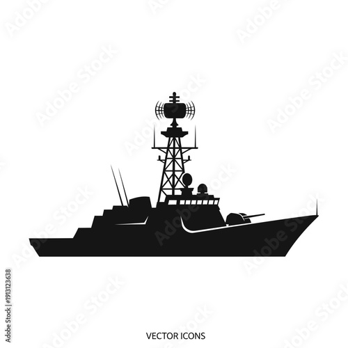 Silhouette of a Modern Warship with Radar Mast.