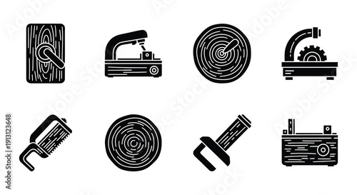 Forestry tools and wood elements in a black and white illustration