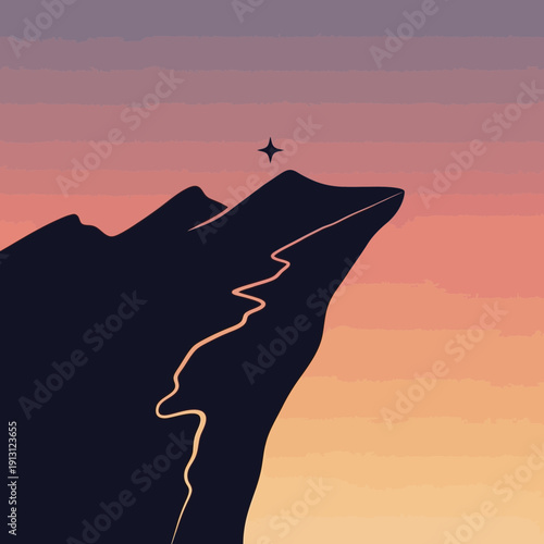 Silhouette of a mountain peak with a star at the summit during sunset.