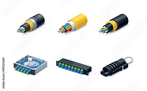 Fiber Infrastructure Icons. Fiber infrastructure. Isometric flat vector icons set of fiber infrastructure: armored fiber cable end, indoor fiber cable cutaway,