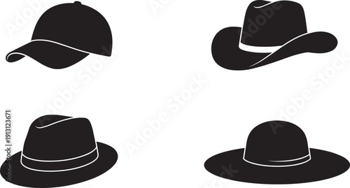Hat silhouette collection set, baseball cap cowboy fedora wide brim black vector illustration