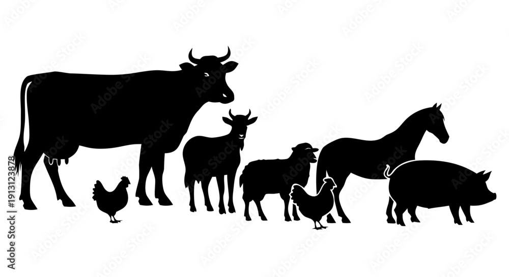 Fototapeta premium Farm Animal Silhouette Vector Set 