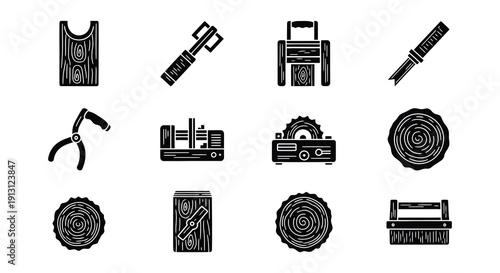 Forestry tools and wood elements in a black and white illustration