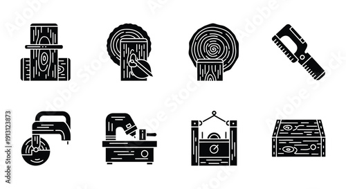 Forestry tools and wood elements in a black and white illustration