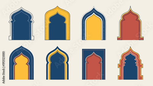 Collection of traditional Islamic arch designs in various colors and styles.