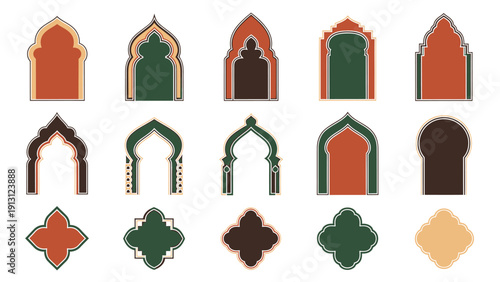 Collection of traditional Islamic arch designs and decorative shapes.