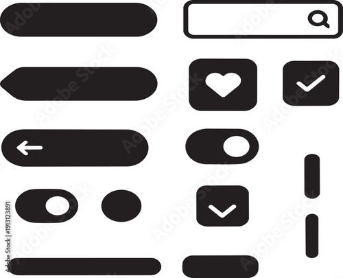 Modern black UI elements and mobile app interface button set.