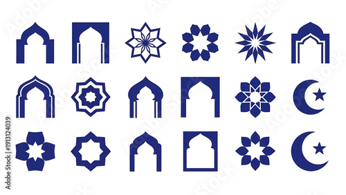 Collection of various Islamic arches and geometric patterns, religious symbols, and ornate designs.