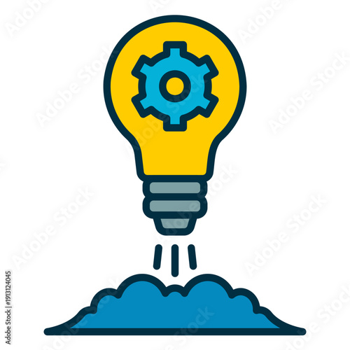 Innovation icon in the form of a rocket launch with a light bulb as a startup