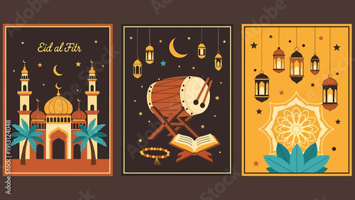 Eid Al Fitr Islamic Celebration Posters with Mosque Drum and Lanterns.