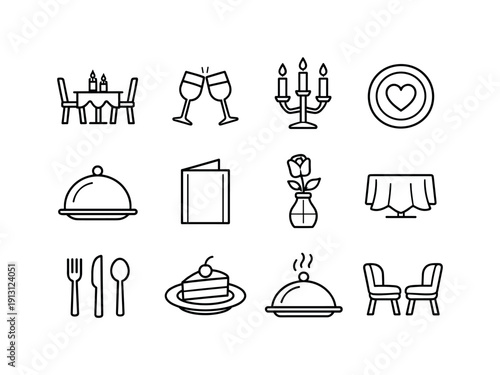 Romantic Dinner. Line icon set of Romantic Dinner: dinner table, wine glasses, candlelight, heart plate, covered dish, menu card, rose vase,