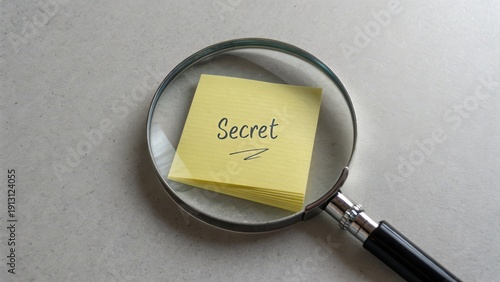 Magnifying Glass Over Sticky Note with Secret Written On It