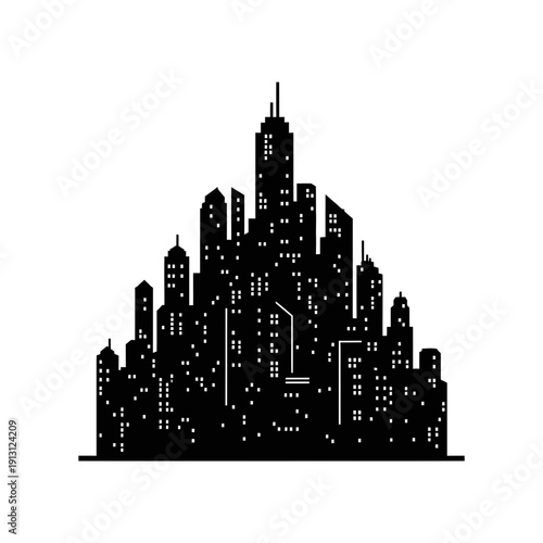 Silhouette of a sprawling city skyline at night with illuminated windows.