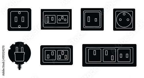 Collection of various black electrical outlet icons on a white background