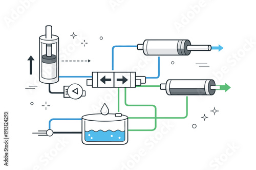 Abstract hydraulic diagram. Cylinders, arrows, and fluid lines arranged as a clear conceptual system. Educational, clean, and