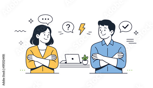Smiling Tension. Indirect conflict at work. A simplified editorial scene where crossed arms contrast with smiling faces, symbolizing mixed signals. The