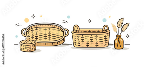    Rattan decor objects. A calm interior still life with simple rattan items like a tray and basket placed neatly on a surface, conveying