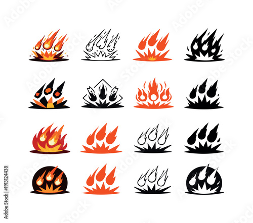 Fiery Icon Set. Fire and brimstone raining down. Icon set. Set Logo of Fire and brimstone raining down: explosion impacts on ground. harmonious logo variations