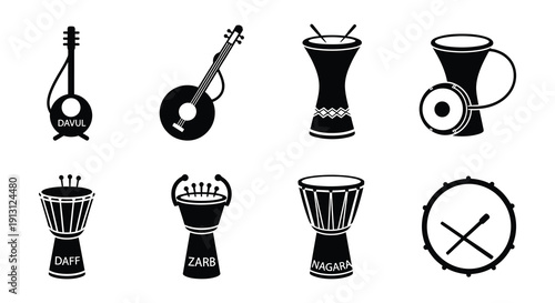 Collection of various traditional percussion instruments in black and white