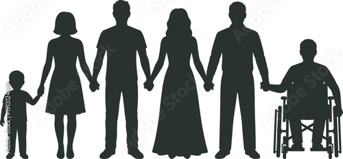 Inclusive family silhouette holding hands with wheelchair member, unity support and disability awareness concept illustration isolated