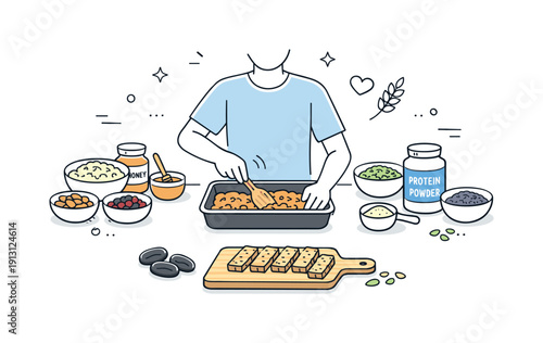 Preparing homemade energy bars. A clean kitchen scene with ingredients laid out neatly and a person stirring the mixture in a baking tray.